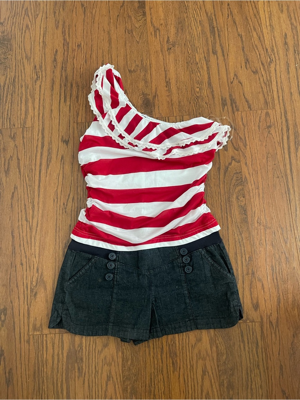 Jolt Red and White Striped One-Shoulder Top Onsie Shorts JR L
